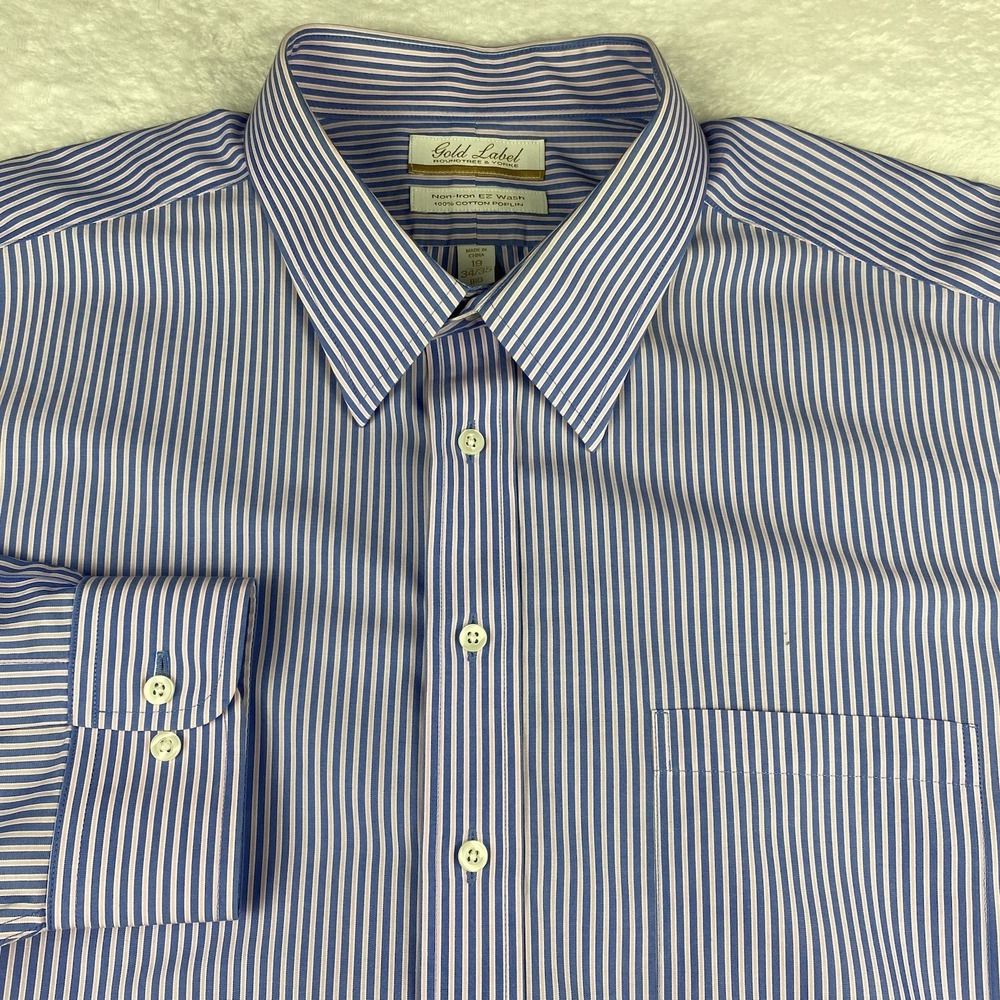 Roundtree & Yorke Gold Label Dress Shirt Mens 19-34/35 BIG Blue/Pink Stripes